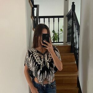 Vintage Black Silk/ Sequin V-Neck Butterfly Top